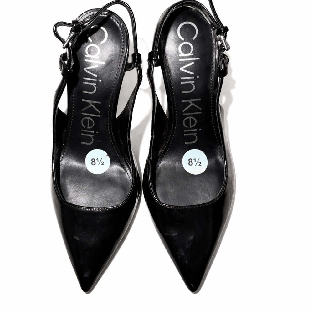Calvin Klein Black Patent Pointed Slingback Pumps